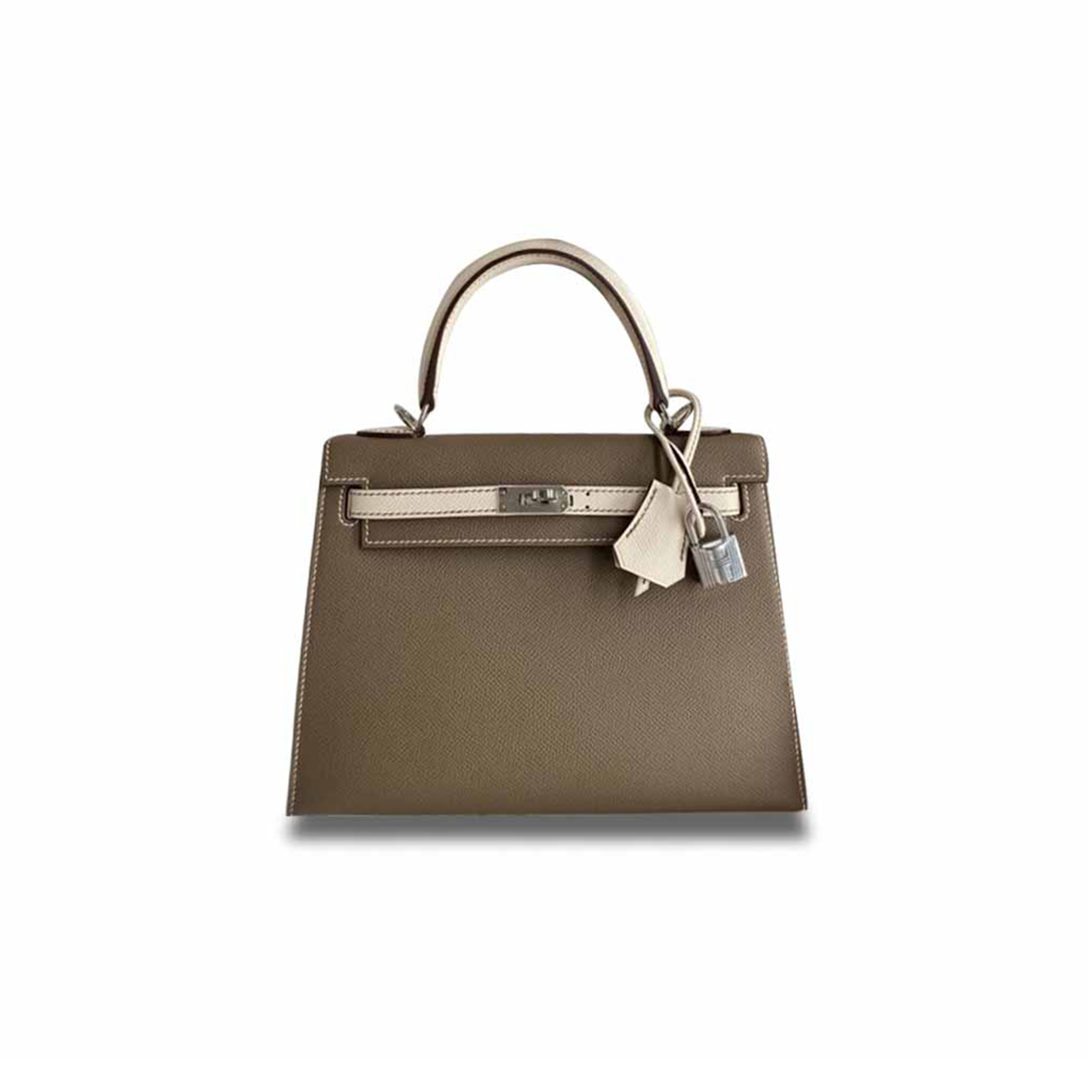 HERMÈS MASTER KELLY 25 EPSOM MILKSHAKE WHITE WITH PEWTER GRAY SILVER BUCKLE (25*17*7cm) 